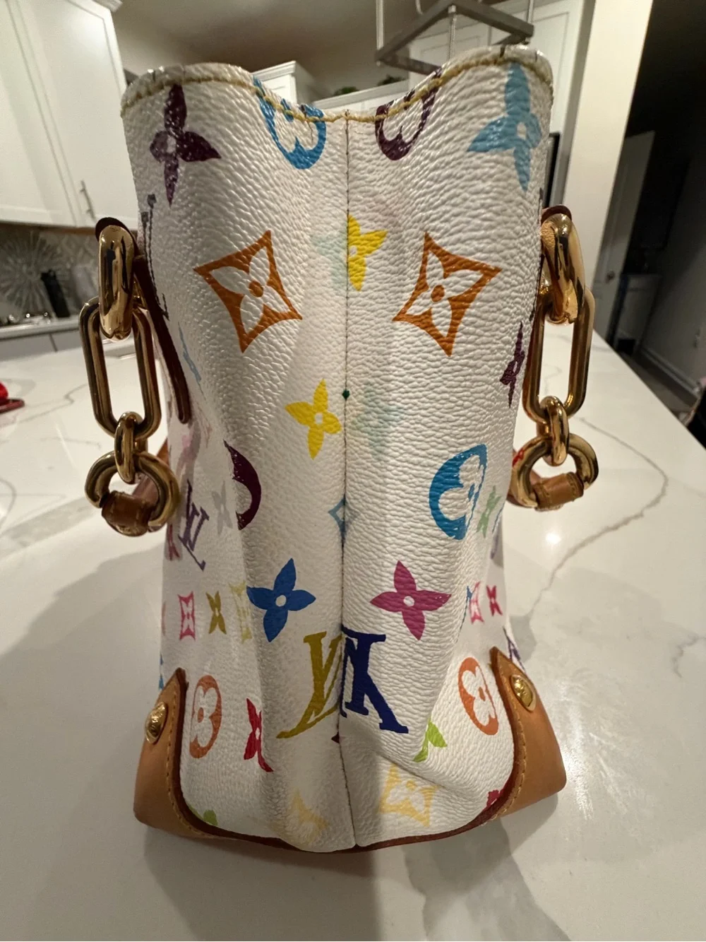 Louis Vuitton White Multicolor Monogram Satchel with Tan Handles - Picture 6 of 7